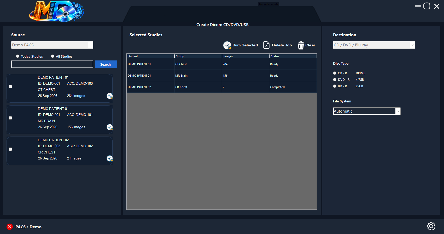 MedDisc application interface showing demonstration studies, the selected study list, and CD, DVD and Blu-ray destination options